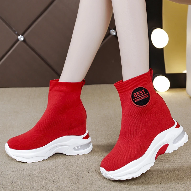 Женские кроссовки со скрытым каблуком на массивной платформе дышащие вязаные