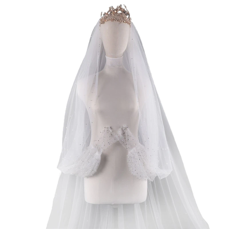 

Pearl Beading Trailing Cathedral Wedding Veil with Arm Cover Sleeves 2-TierBridal Party Jewelry Headpiece with Comb