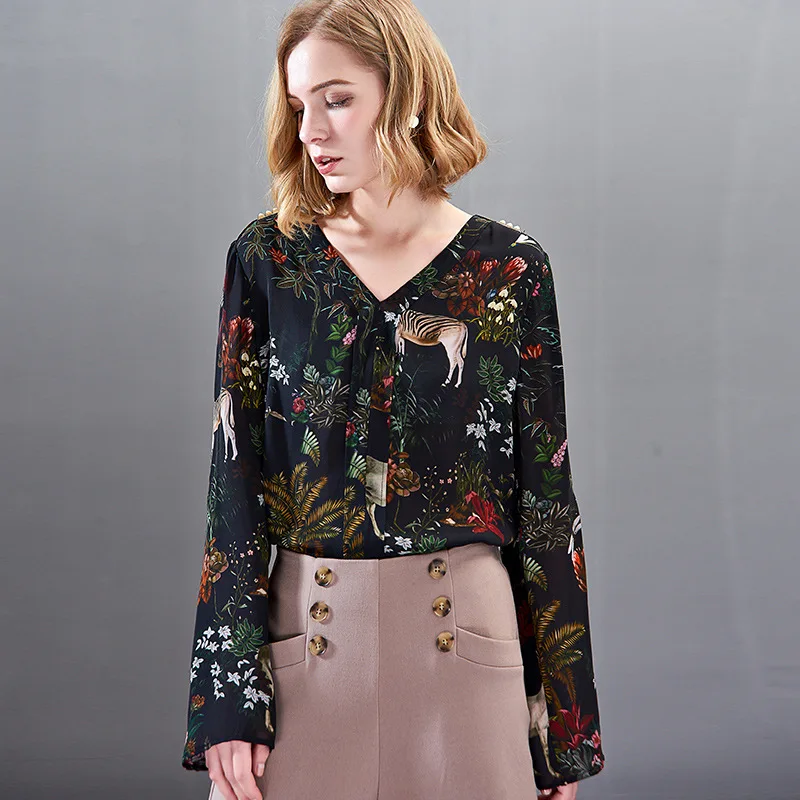 Women's Blouses and Tops Silk black animal Floral Office Formal Casual Shirts Plus Large Size Spring Summer Sexy Haut Femme