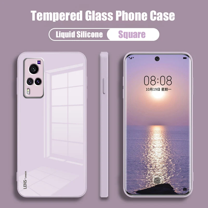 

Phone Case for VIVO X60 X60T Pro Plus X60Pro VIVOX60 5G Soft Liquid Square Silicone Frame Tempered Glass Back Cover Candy Color