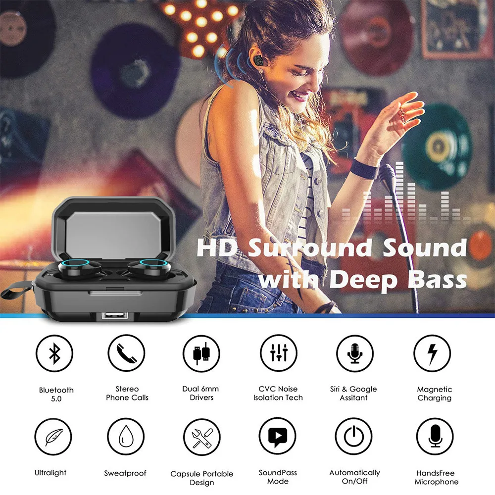 Беспроводные наушники, Bluetooth наушники, спортивные наушники, беспроводные наушники-вкладыши, басовые наушники для Redmi Xiao, huawei, samsung, Iphonexr, 7, 8
