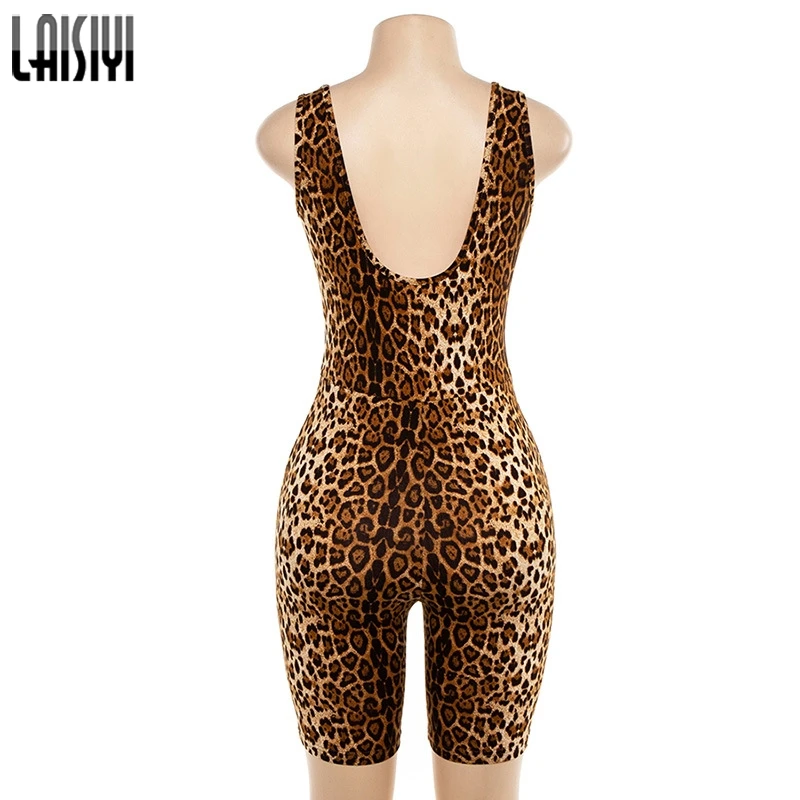 

LAISIYI Leopard V Neck Fitness Biker Playsuits Sleeveless Sexy Fashion Rompers Womens Jumpsuits Skinny Summer Slim Playsuit New