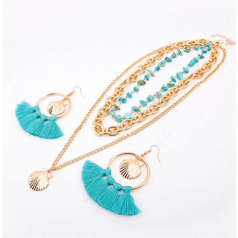 Модные женские серьги + ожерелье набор из хлопчатобумажной нити кисточки в виде