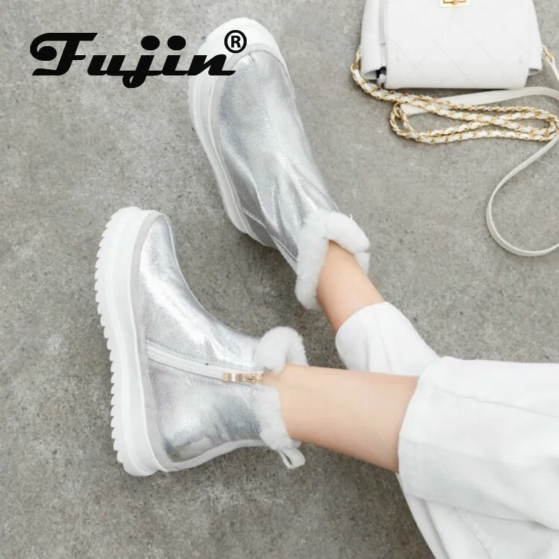 Fujin/женские зимние ботинки; модные плюшевые теплые ботинки на толстой подошве; дышащие ботинки с круглым носком на платформе для отдыха; женские короткие ботинки на плоской подошве на молнии