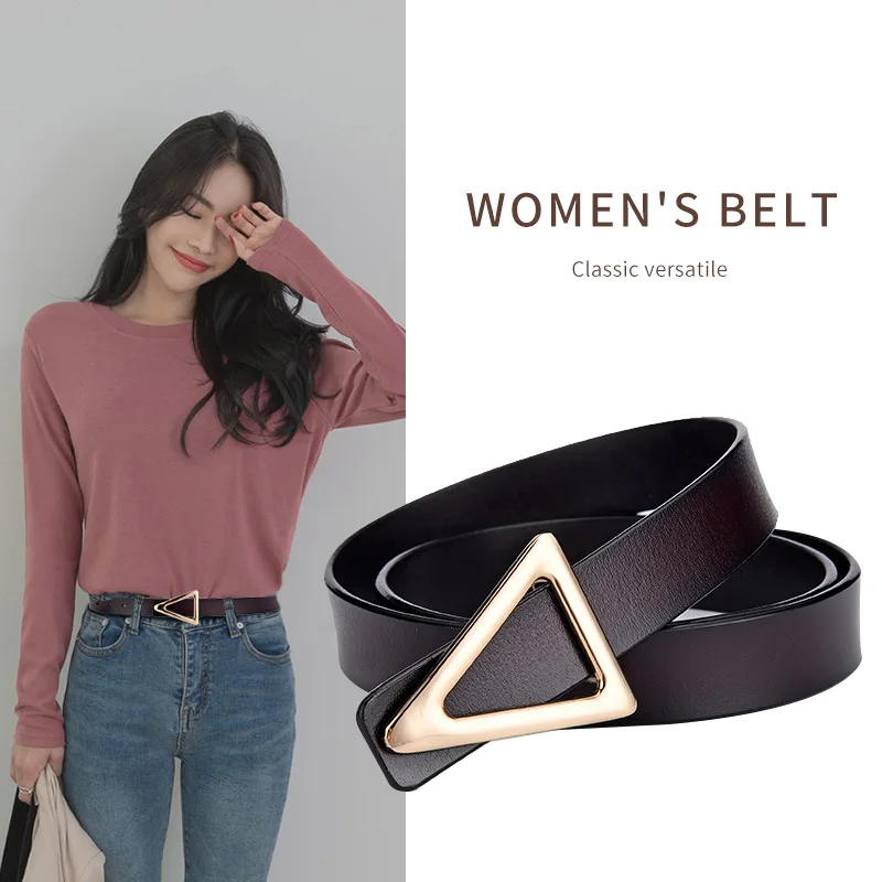 

Design Personality Cowhide Thin Belt Metal Triangle Buckle Thin Female Belts Jeans Trouser Dress Lady Fashion Waist Strap