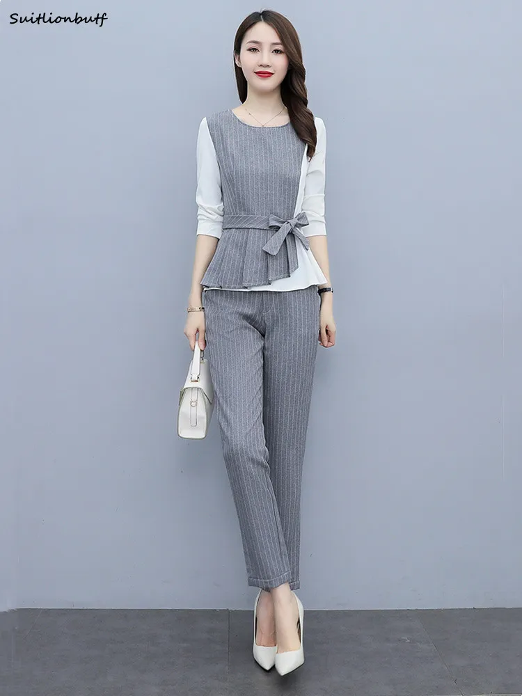 

Autumn Trouser Suits Stripe Splicing 2 Piece Set Bow Belt Long Sleeve Top Elastic Waist Pencil Pant Clothing Sets 2021 OL Outifs