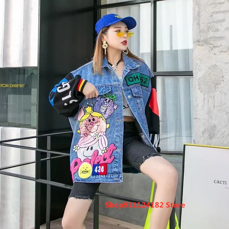 

Thailand Tide Brand Fashion Denim Cardigan Women's Spring 2021 New Sequined Cartoon Stitching Long-Sleeved Jacket