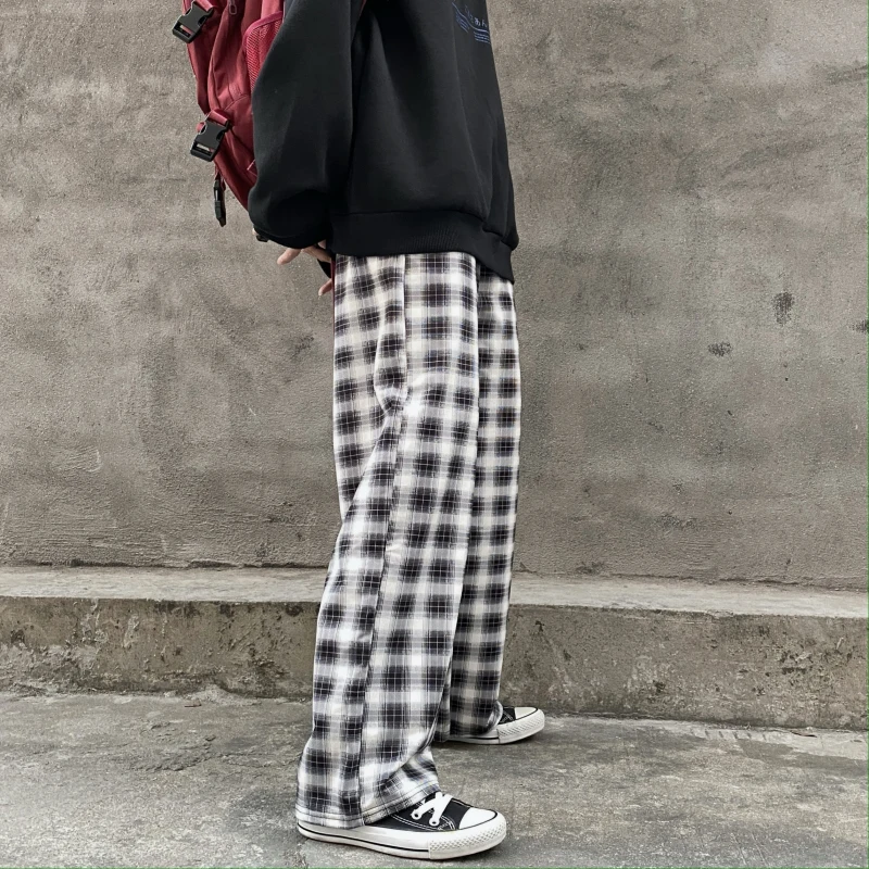 

HOUZHOU Korean Fashion Checked Trousers Women Vintage Plaid Pants Women Spring 2021 Wide Leg Pants Baggy Streetwear Trousers