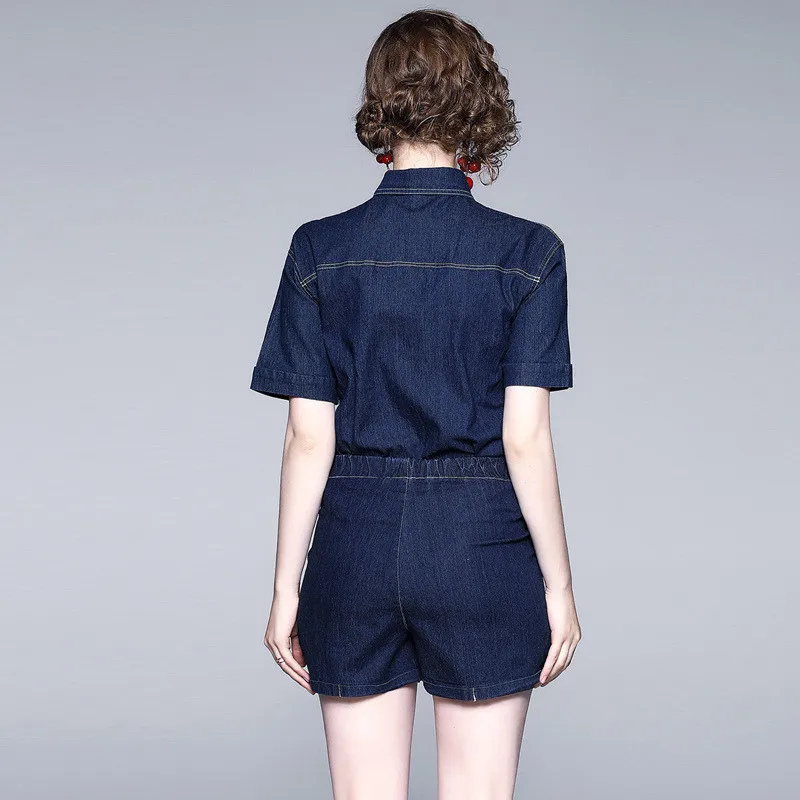 

Denim Tracksuit Women 2 Two Piece Set Solid Short Sleeve Shirt And Elastic High Waist Wide Leg Shorts Suits Fashion Casual Sets