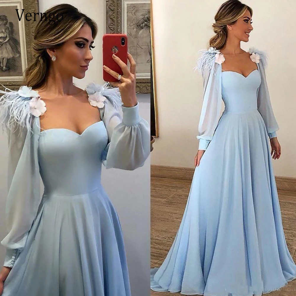 Verngo Elegant Light Sky Blue Evening Dresses 2021 Puff Long Sleeves 3D Flowers Feather A Line Prom Gowns Formal Party Dress | Свадьбы и