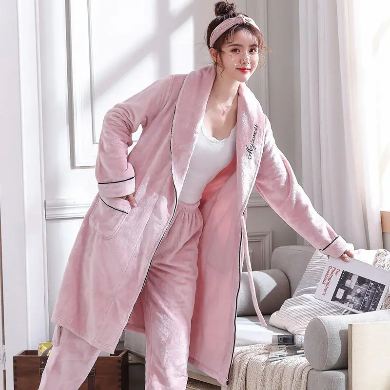 Winter Warm Robe + Pants Sets Women Solid Long Sleeve Flannel Pajamas Sets 2 Pieces Sleepwear Nightgown Home Clothes Female