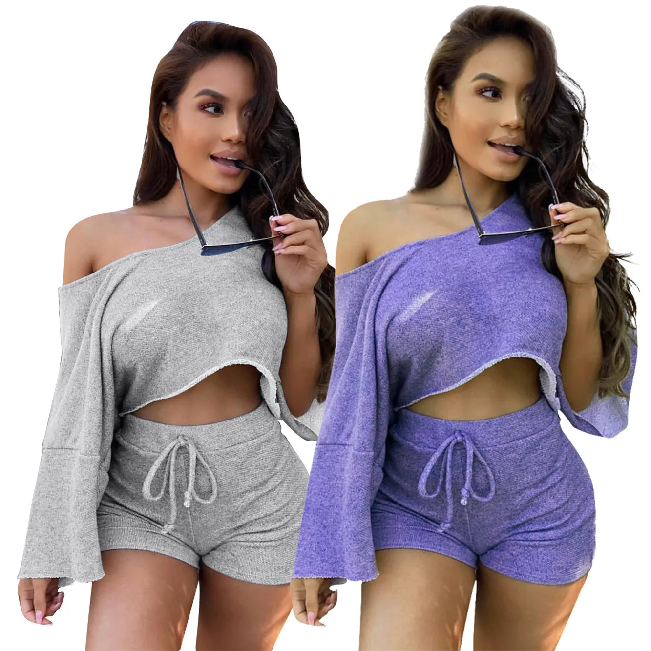 

Sexy Women's bat Sleeve Open Shoulder Loose Solid Two Piece Set