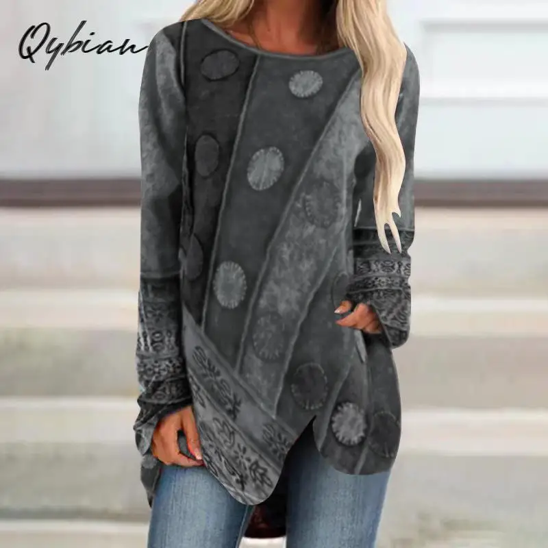 

2021 Spring Retro Printing Irregular Long Sleeve Casual Vintage T Shirt T Shirt Women Tee Shirt Femme Elastic Plus Size S-5xl