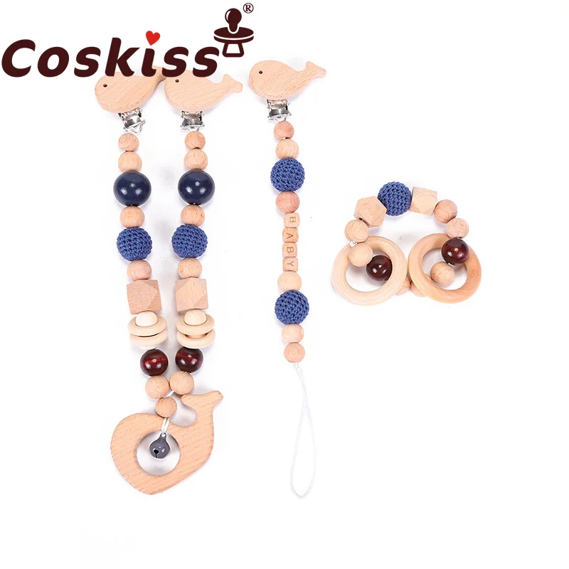 

Coskiss 1set Baby Wooden Teether Pacifier Clip Chain Beech Rodent Ring Baby Nursing Rattle Food Grade Silicone Bead Toy Gift