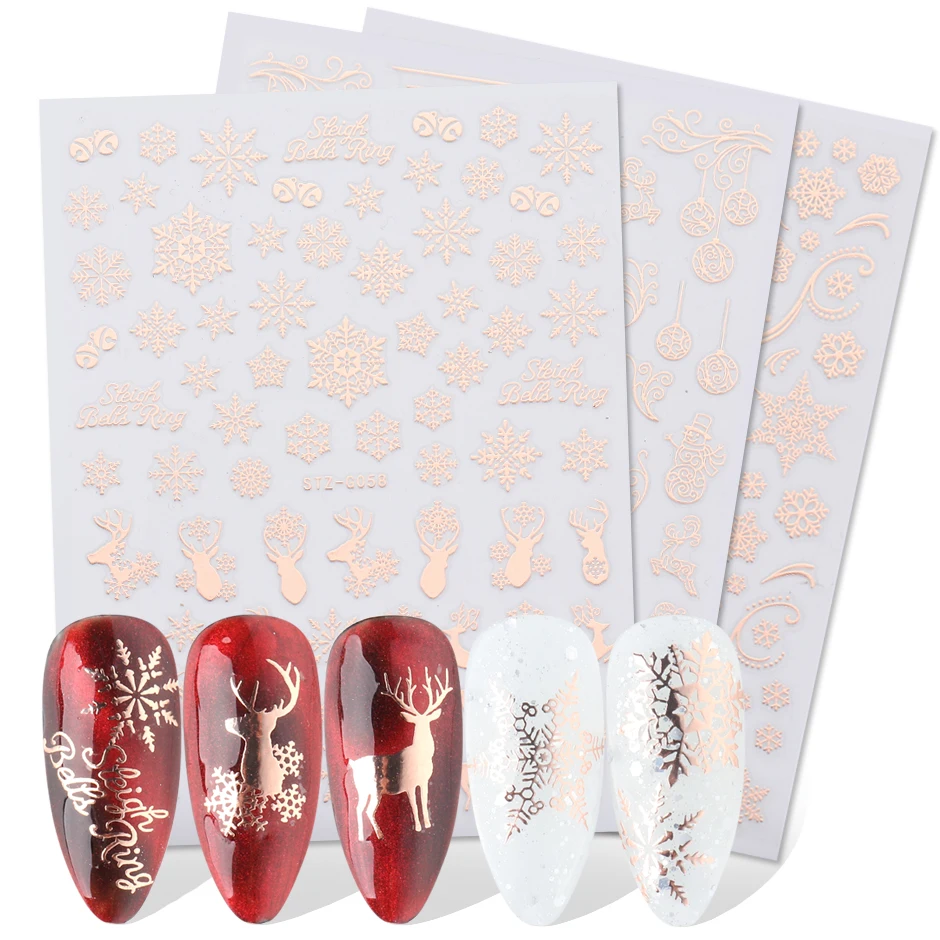 

New Year's Sliders Stickers on nails Rose Gold Glitter Christmas 3D Snowflake Decals Nail Manicure Winter Wraps GLSTZG50-58-1