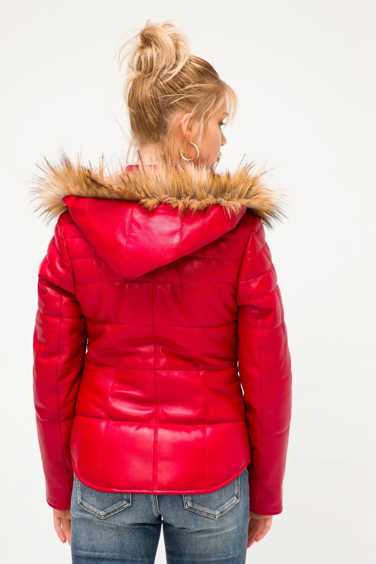 Genuine Leather women's hooded overcoat real sheepskin red sports inflatable jacket autumn winter season clothing new fashion clothing