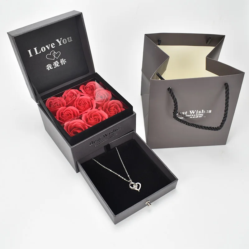 

Soap Foam flower rose Jewelry Box with 100 Languages I Love you Necklace Strange Gift For Love girlfriend