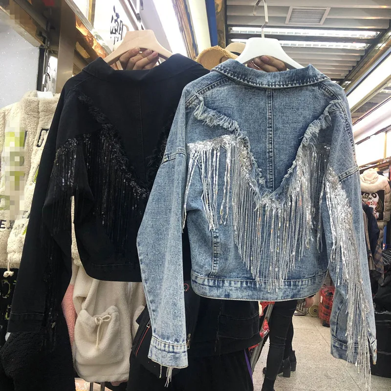 

Jean Jacket Woman Fringed Sequined Denim Jacket Pop Spring New Retro BF Loose Short Jeans Jacket Top Chaqueta Chaquetas Jackets