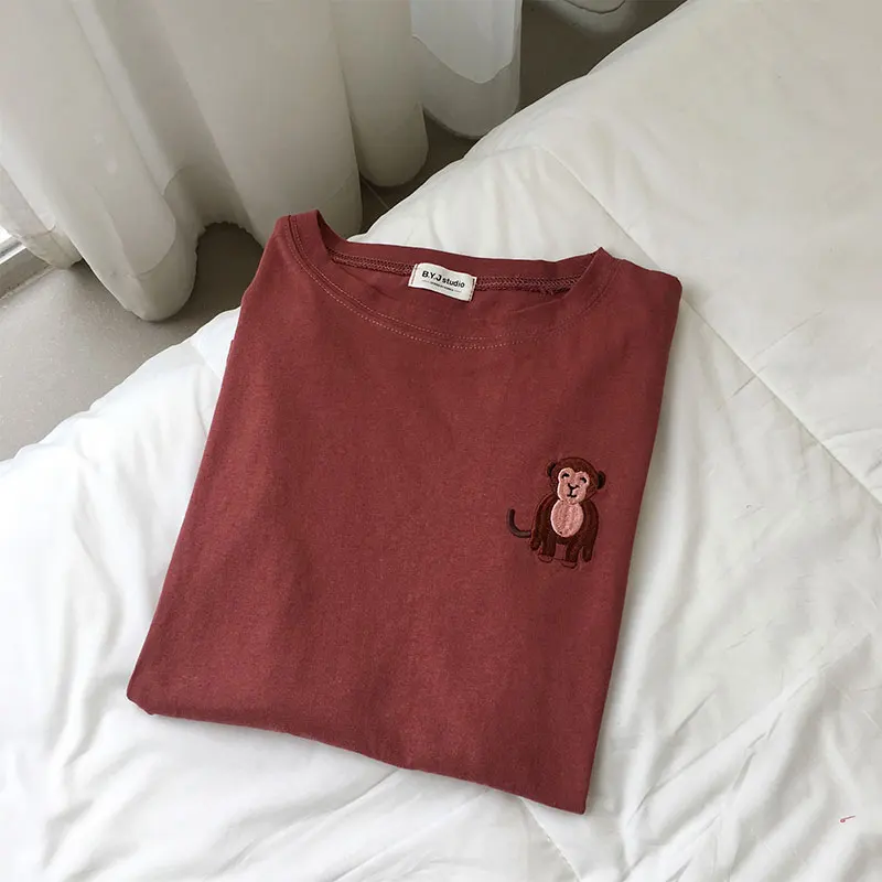 С рисунком из мультфильма, с нашивками в виде животных Женская Футболка harajuku Kawaii забавная Базовая хлопковая футболка на осень в Корейском стиле Chic свободные с длинным рукавом Femme