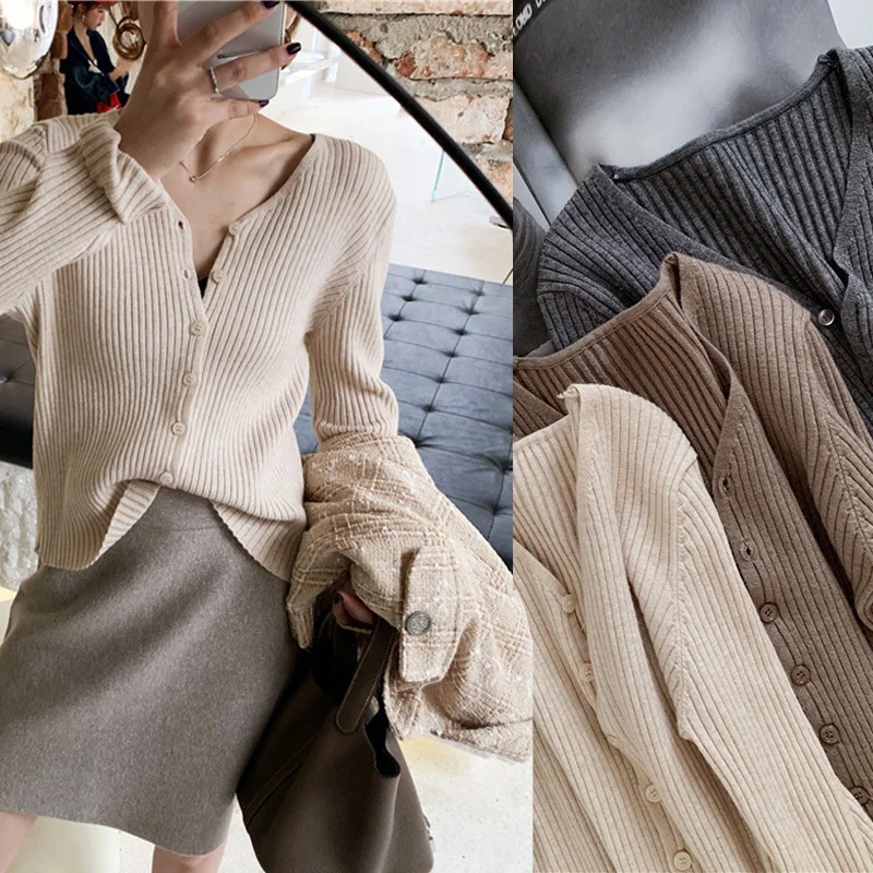 

Korean dongdamen autumn and winter basic Cardigan Jacket Women's soft waxy V-neck cardigan sweater knitted sweater top