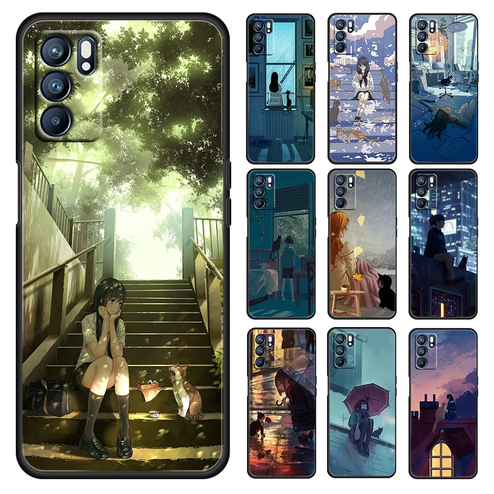 

Girl And Cat Art Aesthetic For OPPO Reno 6 5 4 3 2 5Z 5F 5K ACE 10 X ZOOM 4G 5G Pro Plus Silicone Soft Black Phone Case Shell