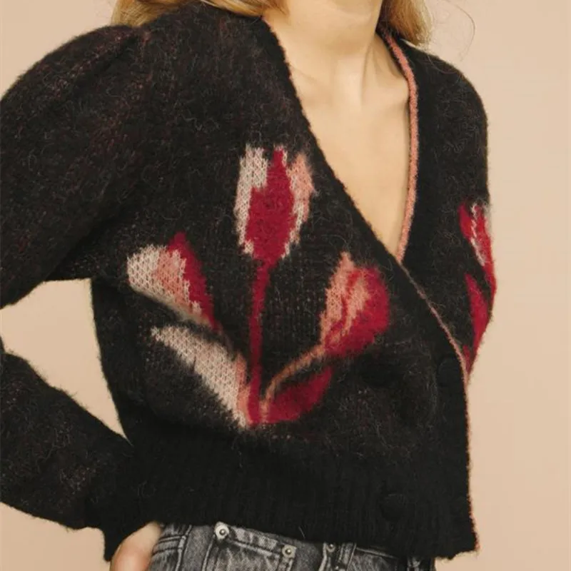 

Women Double Breasted Knit Cardigan Tulip Printed V-neck Long Sleeve Retro Female Sweaters 2021 Autumn
