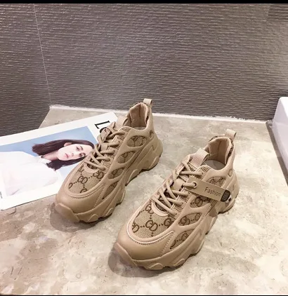 

Spring and Autumn Women's Sports Casual Leather Net Shoes Breathable Thick-soled Sports Shoes Trend Line Daddy Shoes