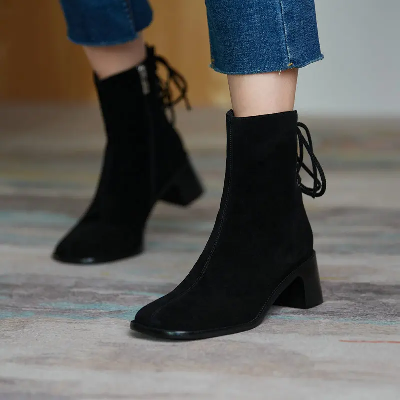 

Cow Suede Leather Women Ankle Boots Warm Autumn Winter Boots Platforms Zipper Shoes Woman High Heels Female Shoes