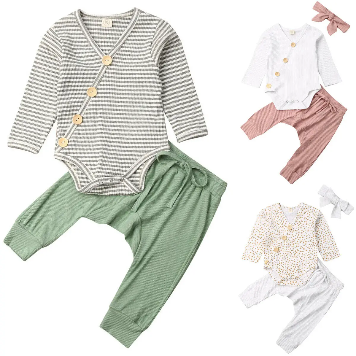 0-18M Infant Baby Girl Boy Knitted 3Pcs Sets Romper+Pants+Headband Casual Autumn Outfits Cotton Clothes Newborn | Детская одежда и