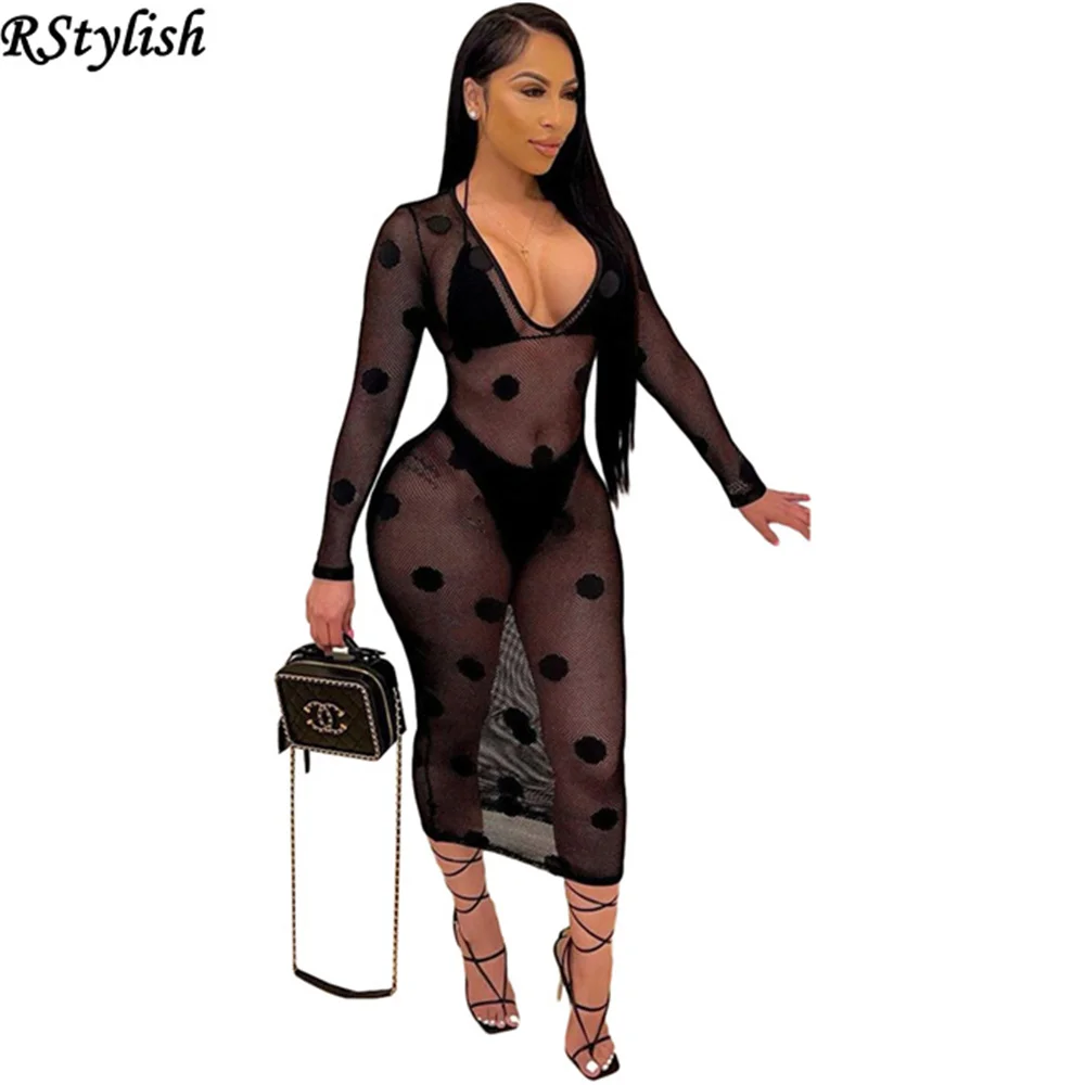 

RStylish 2021 Chic See Through Sheer Mesh Bikini Matching Cover Dress Set Summer Bikini Set Three Pieces Bathing Suit Beach Wear