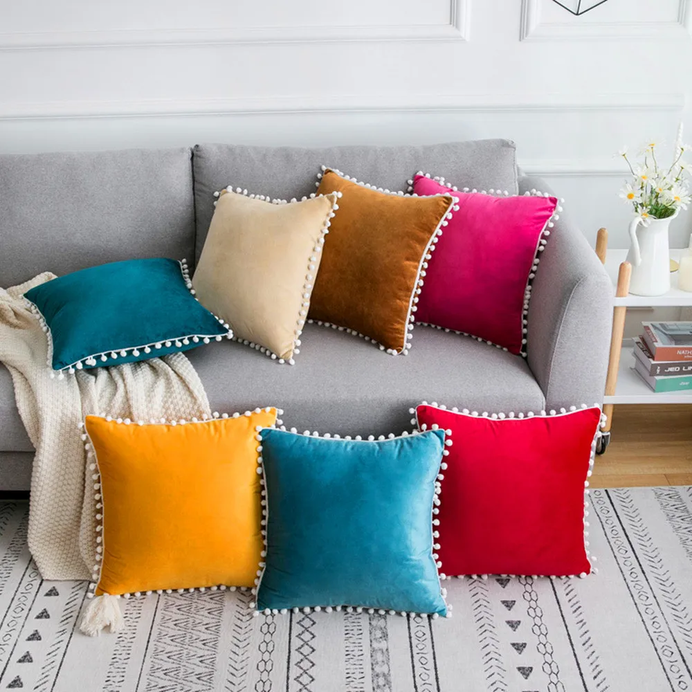 

Home Decor Solid Color Cushion 50x50cm Velvet Comfortable Fabric Sofa Pillowcase Filigree with White Spherical Car Pillow cover