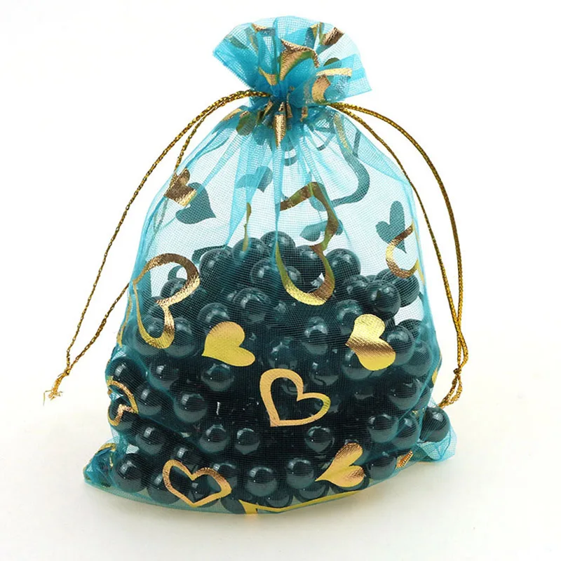 lake blue gold heart 100 шт./лот 7X9 см X 9 см X 12 см 11X16 см 13X18 см золотое любовное сердце роза свадебная сумочка из органзы из тонкой прозрачной ткани, подарок на Рождество, спальные мешки для упаковки ювелирных изделий - Цвет: lake blue gold heart