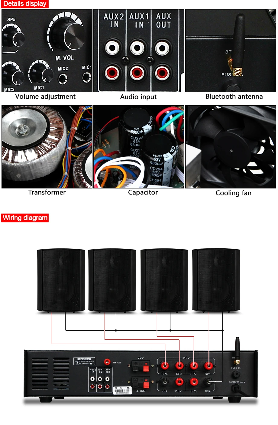 Oupushi HT-3.6AT 5 Зон Микшер контроль PA система Bluetooth усилитель с FM 2 микрофонный вход и USB вход