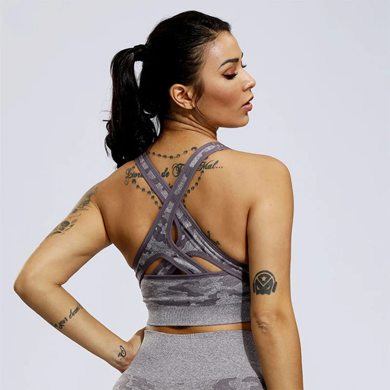 

Green Bra Plus Size Workout Tank Top For Women Clothing Seamless Crop Top Criss Cross Bra Pads Open Back Top Camo Sports Bra