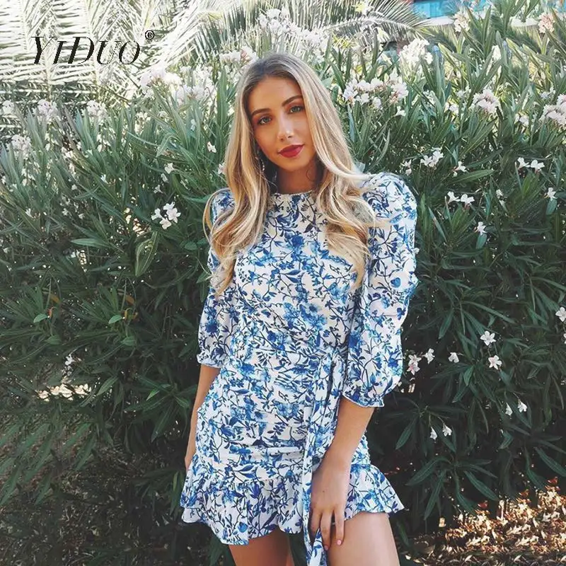Женское фарфоровое платье YiDuo Элегантное синее облегающее вечернее с цветочным