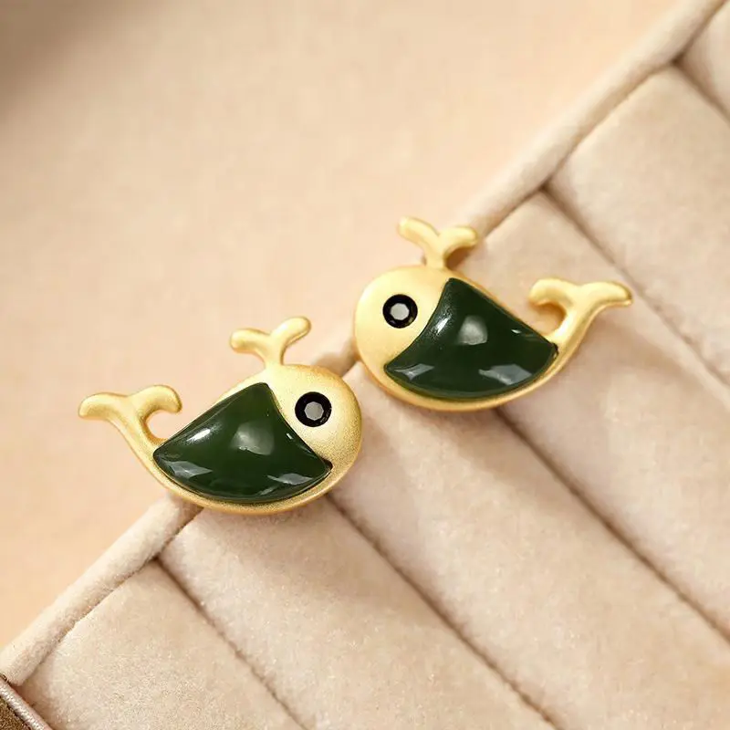 

Hengqiao S925 Sterling Silver Inlaid Jasper Stud Earrings for Women Personality Little Dolphin Cartoon Exquisite Small and Simpl