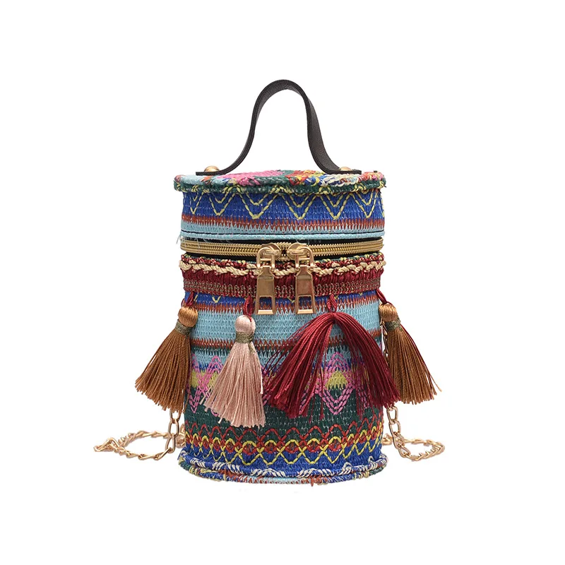 

Women Crossbody Single Shoulder Bag Bucket Embroidery Tassel Bag with Golden Chain Strap Best Sale-WT