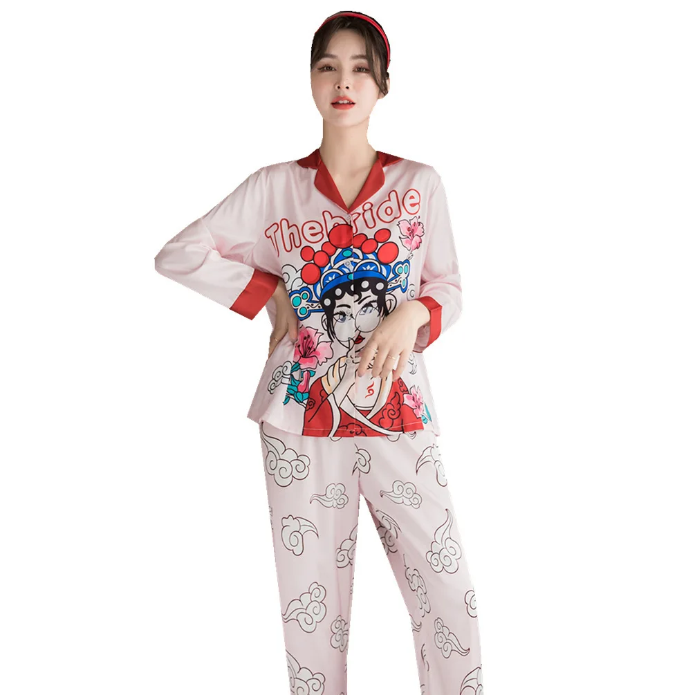 

Autumn new national fashion drama printing fashion smart home wear thin long sleeve contrast Lapel ice pajamas