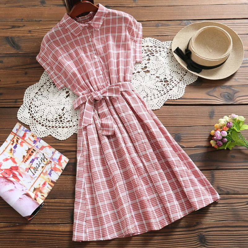 Женское платье рубашка с отложным воротником красное зеленое синее клетчатое в