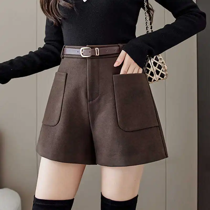 

Women High Waist Slim Wide Leg Short Female Fashion Elegant All-match Shorts Office Ladies Woolen Leisure A-line New Trouser A68