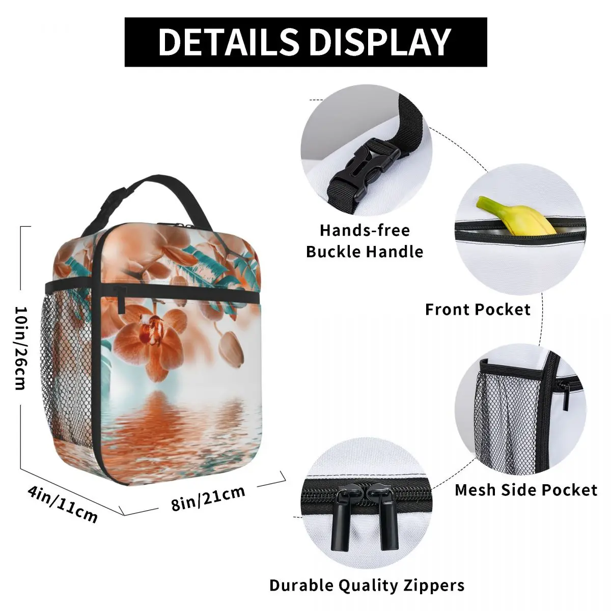 

Floral Tropical Orchids Lunch Bag for Women Men Large Insulated Lunch Box with Water Bottle Holder and Pockets