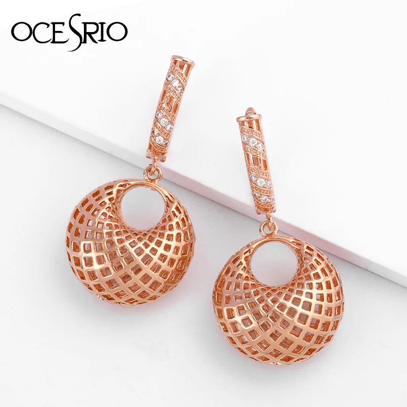 Женские серьги в форме сот с большим полым шариком из розового золота 585 пробы