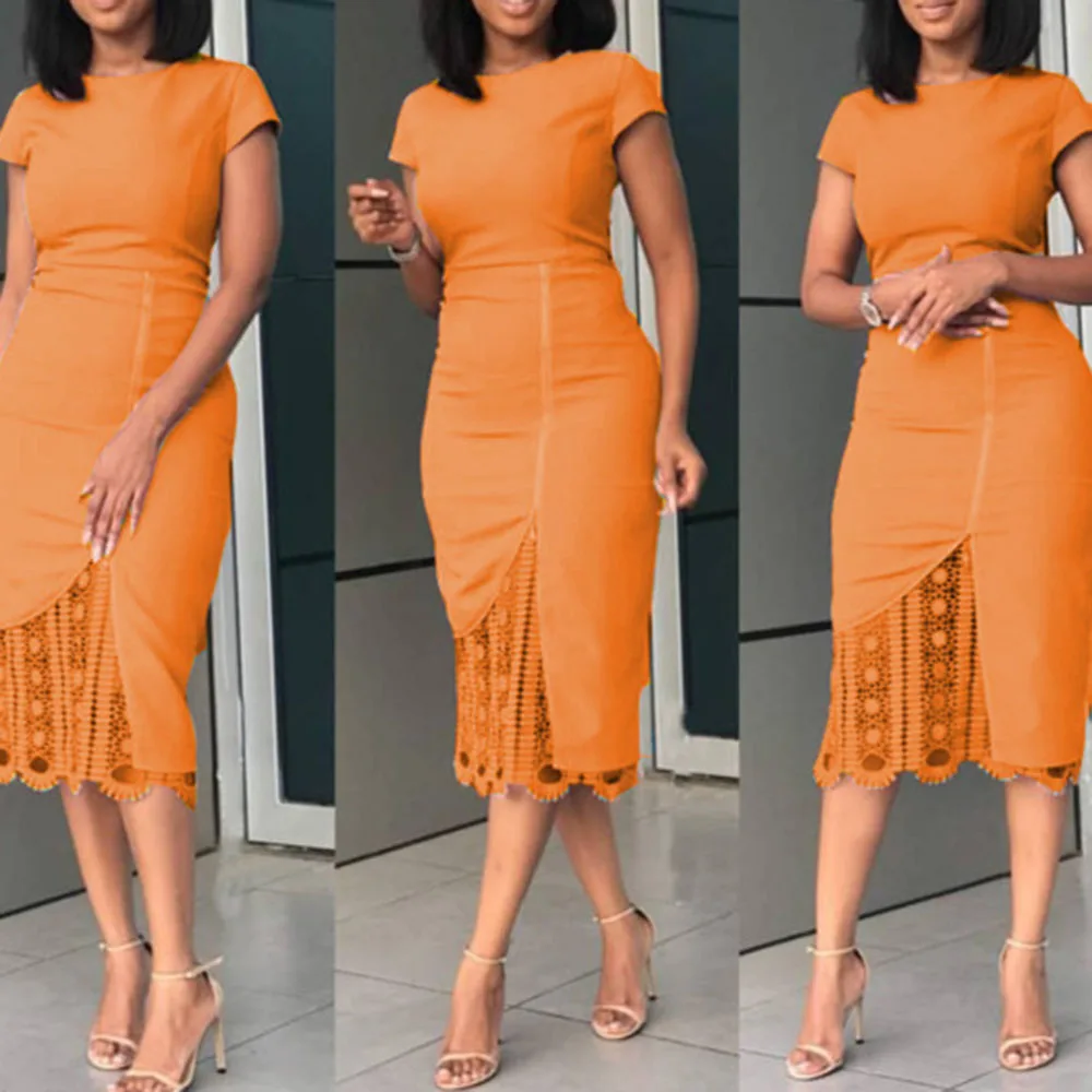 Оранжевое облегающее платье для женщин Лето 2020 элегантное кружевное лоскутное с