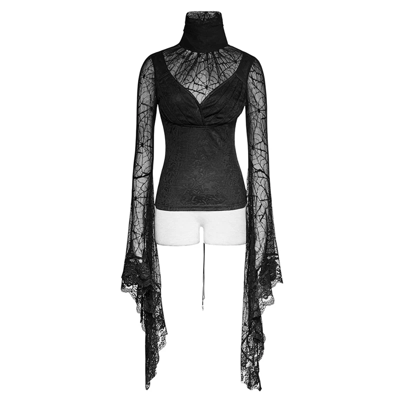 Женская футболка в готическом стиле Черная кружевная Регулируемая с длинными