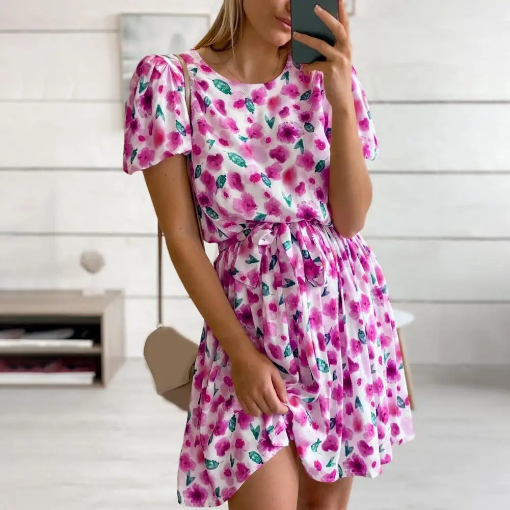 

Sexy O-Neck Boho Floral Mini Dress For Women 2021 Summer New Short Sleeve Lace-up Belted Beach Party Woman Dresses Robe Femme