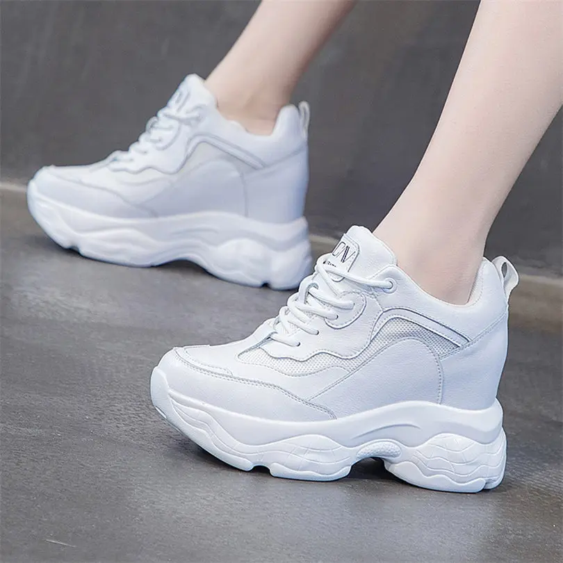 

Women Cow Leather Platform Wedge Fashion Sneakers High Heels Trianer Boots Punk Creepers Party Casual Comfort Round Toe Boots