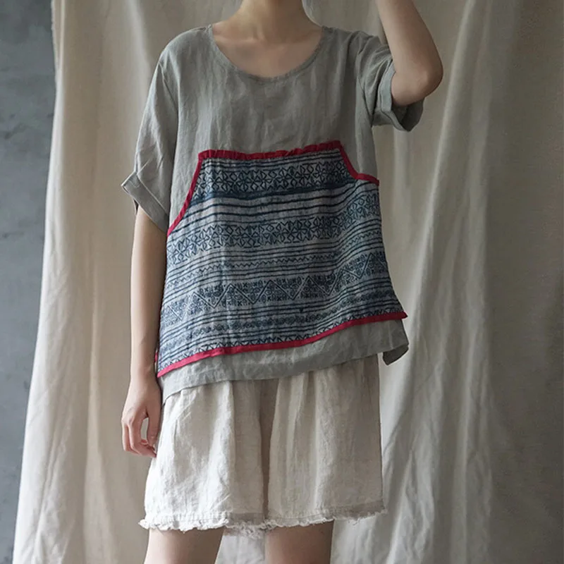 Vintage Floral Print Patchwork Pocket Women Top 2019 Summer New Casual Fashion O-neck All-match Short Sleeve | Тематическая одежда