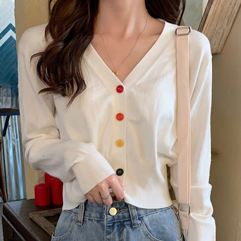 

Cardigans Women Short V-Neck Button Office Lady Female Sweaters Full Sleeve Solid Single Breasted Loose-fitting Jumper Femme