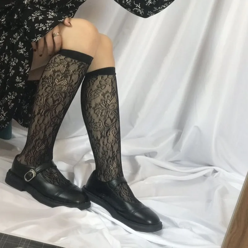 

New Sexy Black Chic Dark Retro Cut Out Lace Net Socks In Spring and Summer Women's Long Socks Lace Flower Socks