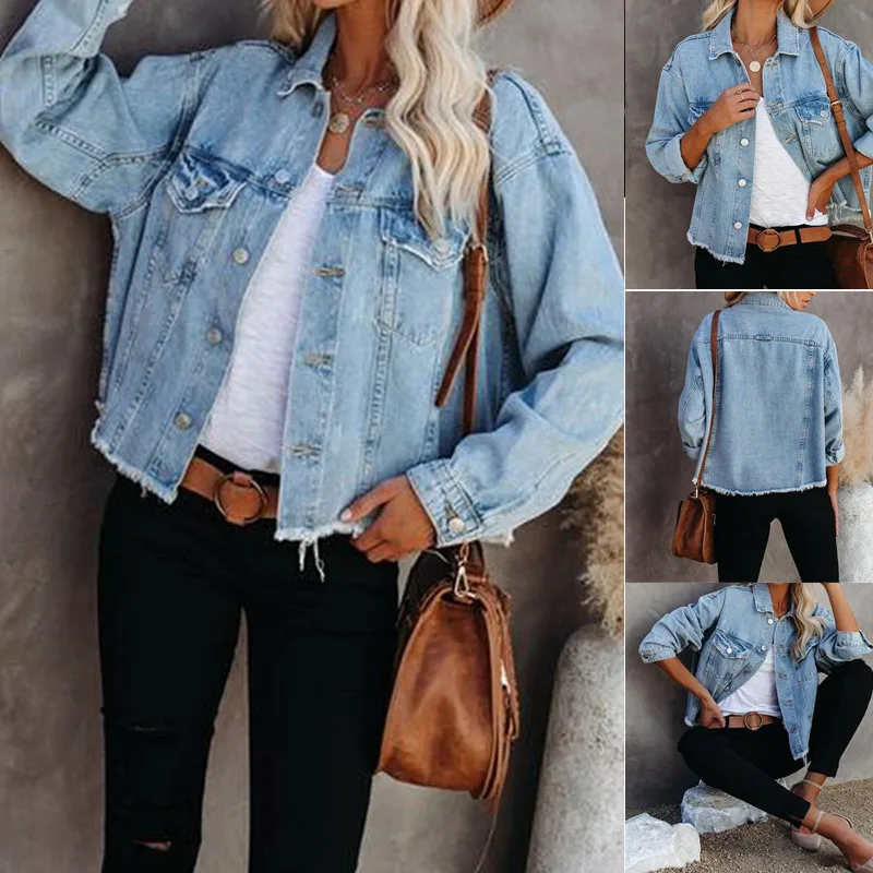 

Autumn Blue Washed Denim Women Short Coat Long Sleeve Turn-Down Collar Single Breasted Female Coat Streetwear Casual Lady Jacket